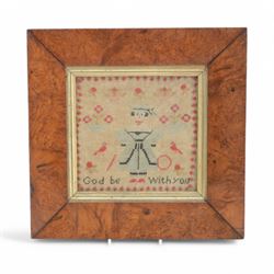 Three framed samples, including 19th century alphabet sampler by Pheobe Bolter aged 9 years, largest H51cm, W26cm 