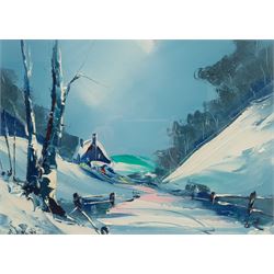 David Deakins (British 1944-): Snow Covered Valley, impasto oil on board signed 27cm x 38cm