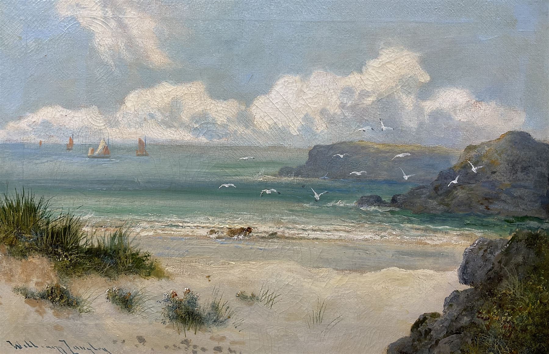 William Langley (British 1852-1922): Coastal Landscape with Seagulls, oil on canvas signed 39cm x 59cm
