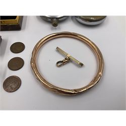 Jaeger-Le Coultre military pocket watch, the back case engraved G.S.T.P 037076, with broad arrow, together with a Pratima stop watch, 9ct gold bar brooch with clip, 9ct gold bangle with metal core, pair of gold plated spectacles and a set of Simmons sovereign scales, in original box