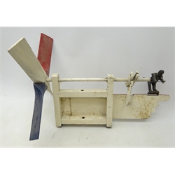  Folkart red & white painted Whirligig Weathervane, the four blades turned by a Monkey, L65cm  