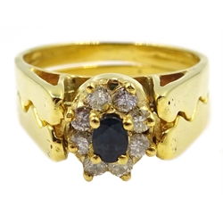  Gold sapphire and diamond cluster/larimar reversible flipover ring stamped 14K,  