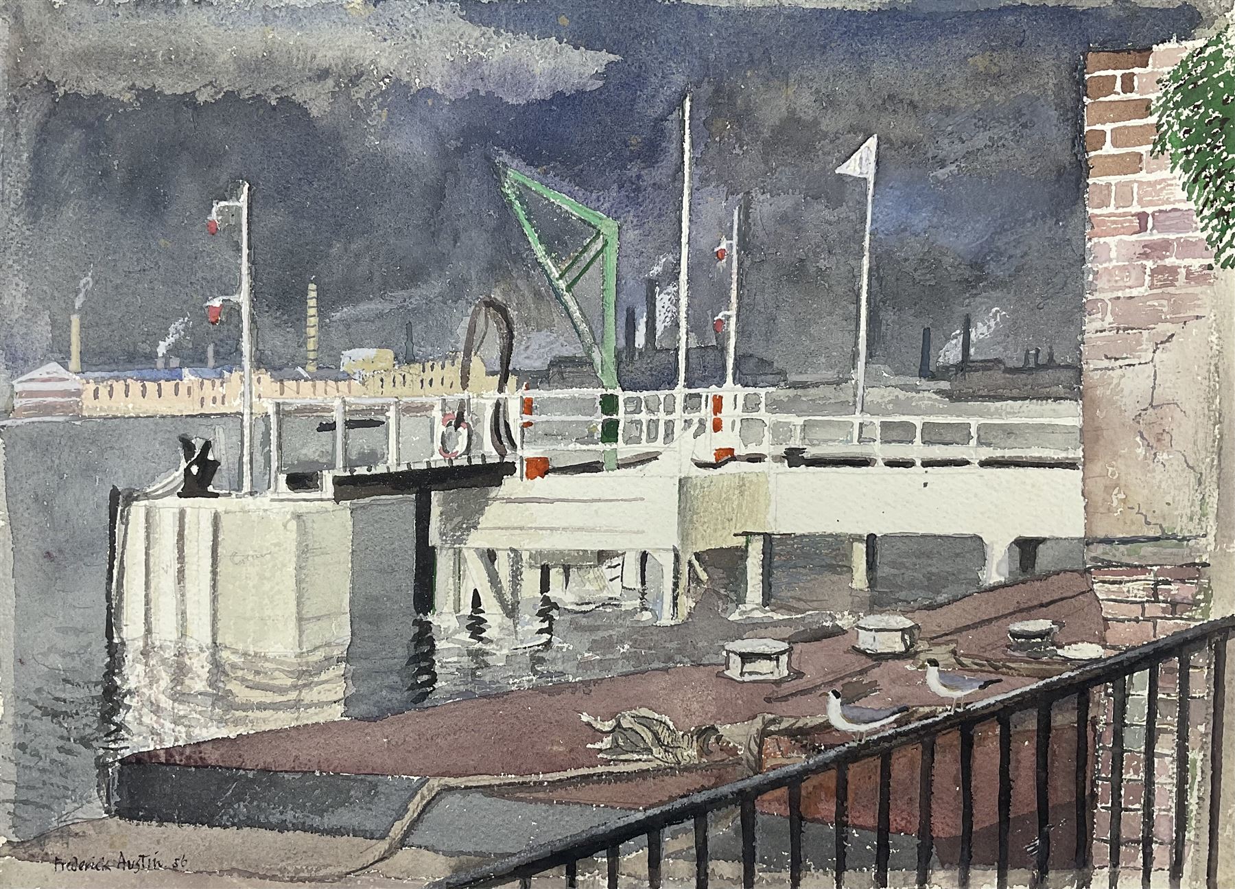 Frederick George Austin (British 1902-1990): 'Oil Wharf - Wandsworth', watercolour signed and dated '56, titled verso 28.5cm x 39.5cm (unframed)
Provenance: direct from the granddaughter of the artist