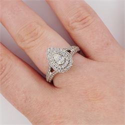 Vera Wang 18ct white gold diamond and sapphire 'Love' ring, single pear cut diamond, surrounded by two rows of round brilliant cut diamonds, split diamond set shoulders and sapphire set gallery, hallmarked, total diamond weight 0.95 carat