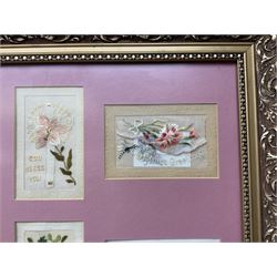 Thirty-five WW1 embroidered silk postcards including regimental crests, flags of the Allies, envelope type with greeting card inserts, Christmas and birthday cards etc; mounted and glazed in three graduated modern matching gilt frames (3)
