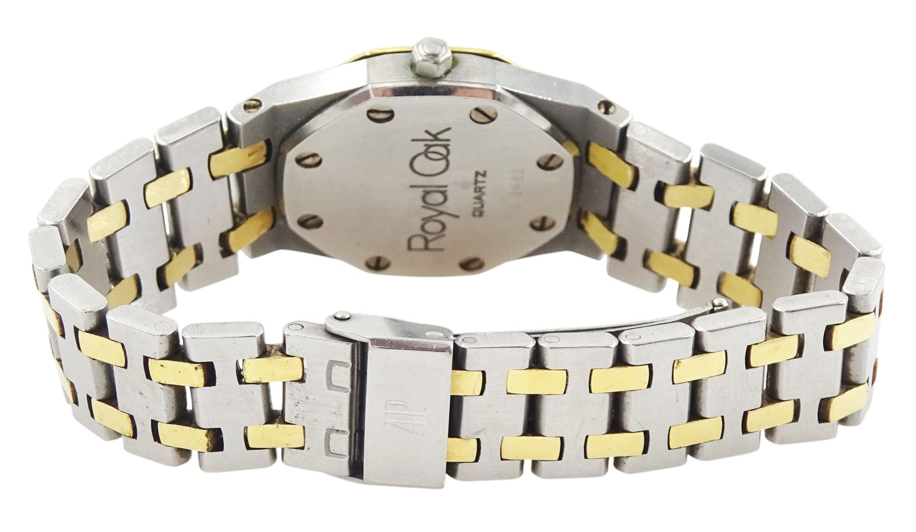 Audemars Piguet Royal Oak ladies stainless steel and gold quartz wristwatch, No. 2482, grey dial with baton hour markers, on integral stainless steel and gold bracelet, boxed