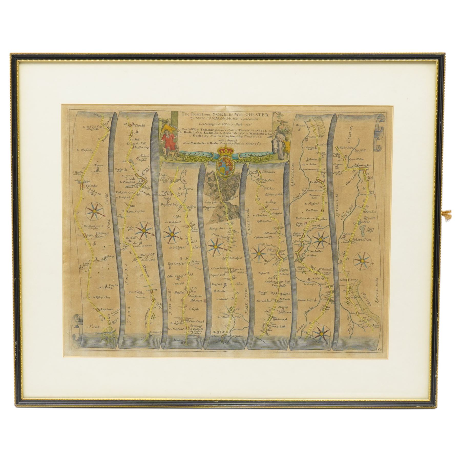 John Ogilby (British 1600-1676): 'The Road from York to West-Chester', late 17th century engraved strip map with hand-colouring pub. c.1675, 35cm x 45cm