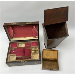 A 19th century rosewood and mother of pearl inlaid jewellery box, L30cm, together with a George III style mahogany candle box, and a 19th century money box with printed inlay effect banding to the hinged cover, L14.5cm