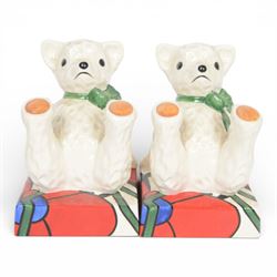Wedgwood Bizarre by Clarice Cliff, Teddy Bear Bookends, hand painted based upon an original, limited edition 22/150, with certificate and box, H16cm