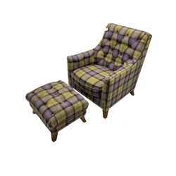 Rogers of York - traditional shaped armchair, upholstered in buttoned purple tartan fabric with studwork (W82cm D86cm H96cm); and matching footstool