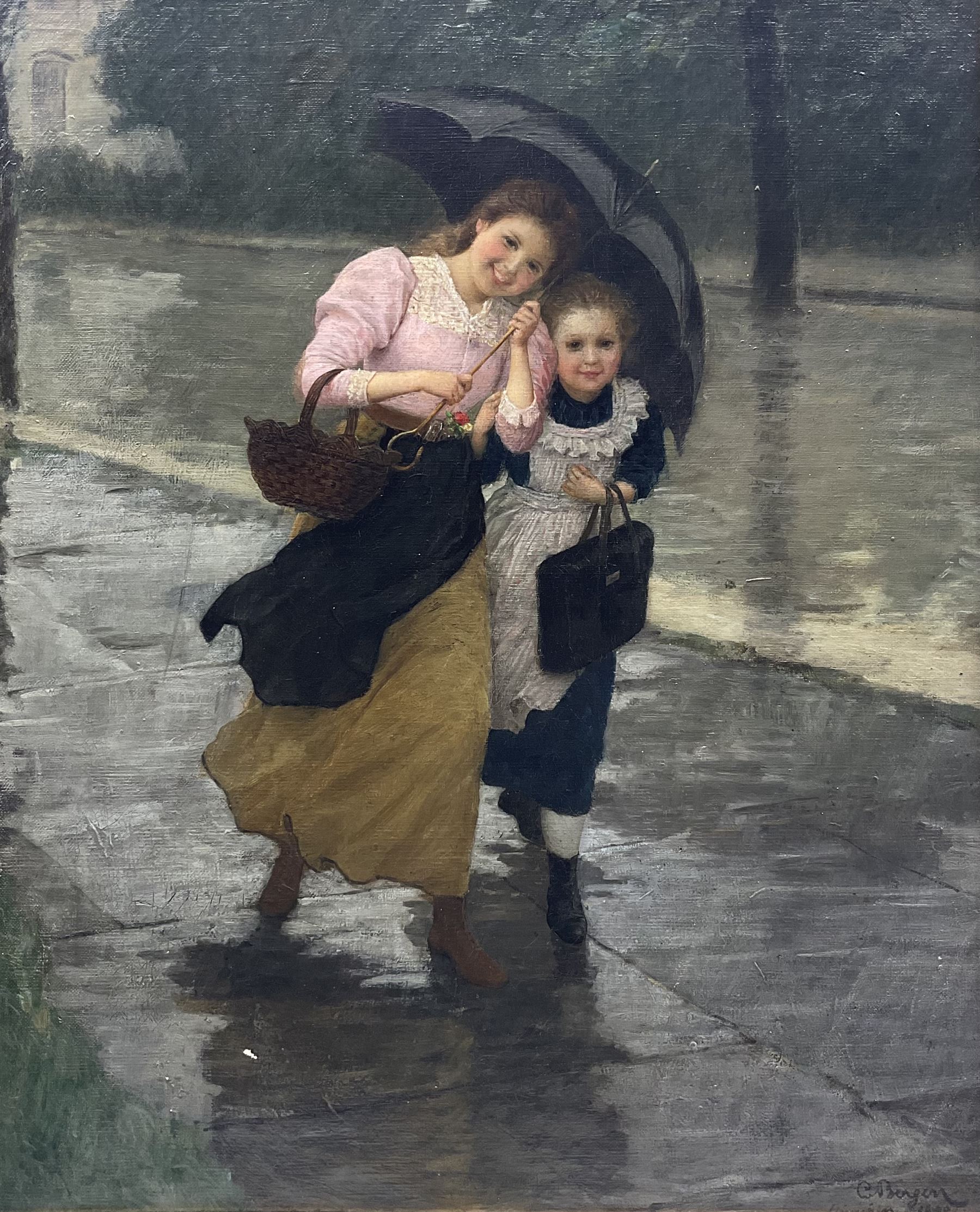 Carl Von Bergen (German 1853-1933): Sisters Caught in the Rain, oil on canvas signed and dated 1898, 54cm x 44cm 