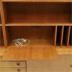 Clausen & Son Silkeborg - Danish 1960s teak highboard wall unit, the upper modular section with open shelves, smoked glass sliding doors and 12