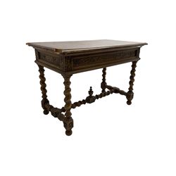 Early 20th century carved oak side table, the rectangular top with cross section inlay, frieze carved with foliate decoration, raised on spiral turned supports united by barley-twist stretcher with finial