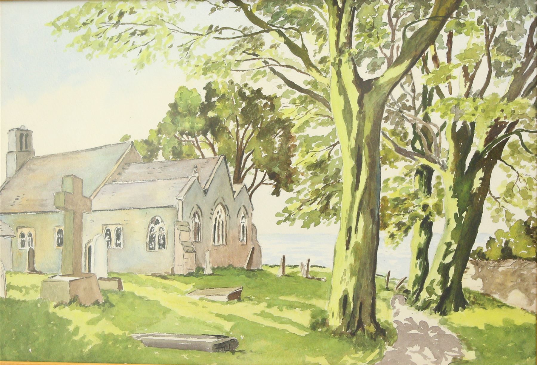 Jessie Blackburn - 'Heysham Church' watercolour 55cm x 38cm and five other watercolours by the same artist. 