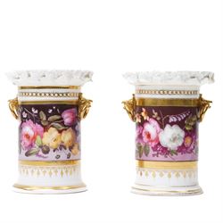 Pair of 19th century spill vases, the rim with encrusted decoration, the central band hand...