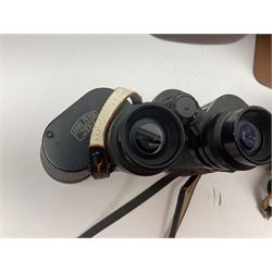 No2 folding autographic brownie, Exakta Varex IIb camera, brass three draw telescope, H.H. Son Ltd binoculars, Carl Zeiss Jena Jenoptem 7x50W binoculars etc