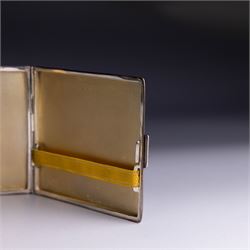 Mid 20th century silver cigarette case, with engine turned decoration and engraved initials to cover, with presentation engraving to the interior, hallmarked Harman Brothers, Birmingham 1947, H8.5cm, W9.5cm