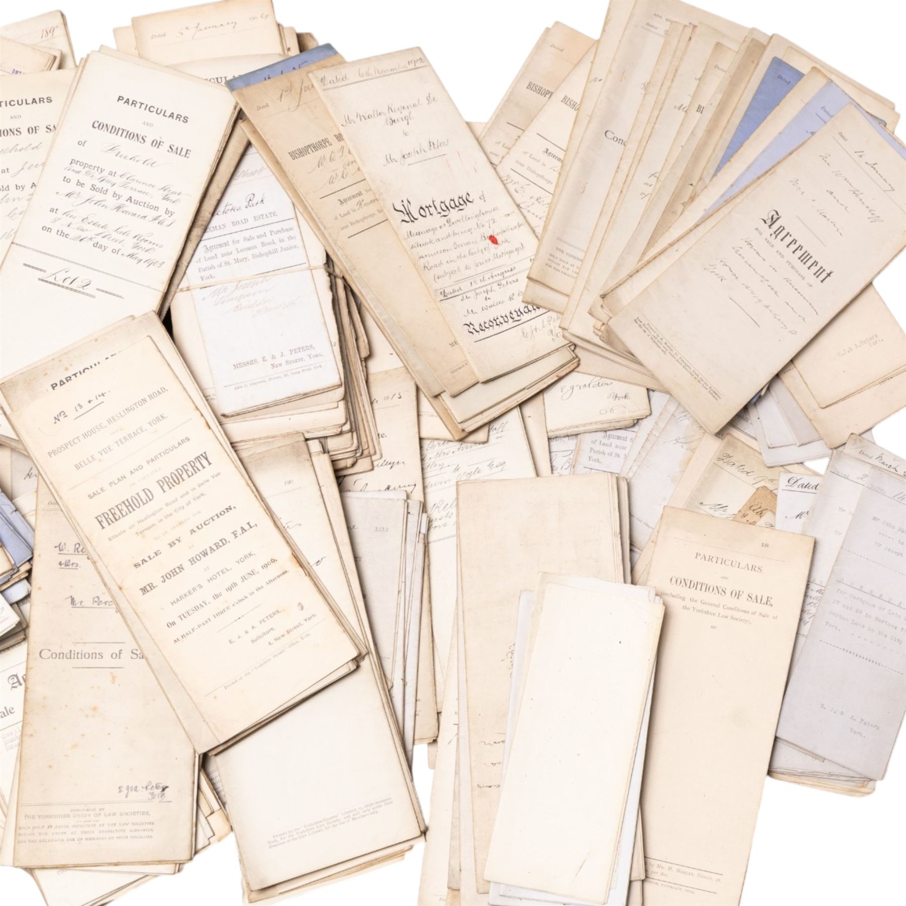 York and Yorkshire legal ephemera - large box of late 19th/early 20th century conveyancing documents, agreements, mortgages, conditions of sale and solicitor’s papers relating to York and surrounding area properties, including Acomb New Estate, Bishopthorpe, Huntington Road, Victoria Avenue, Swinerton Avenue and other addresses, many with York solicitor/printer details