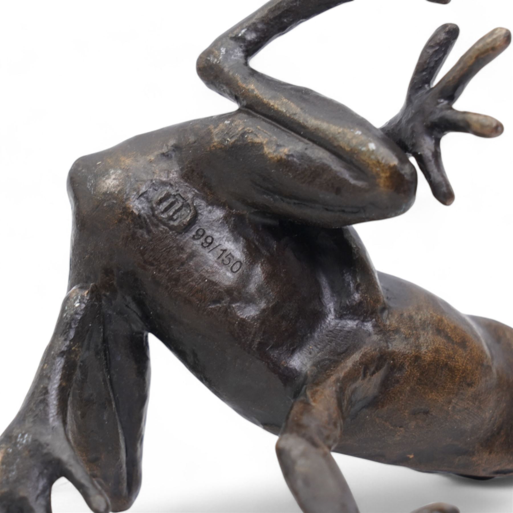 Michael Simpson (British Contemporary); Hare and Frog, two limited edition bronzes, monogrammed and numbered 99/150 and 94/150 to base, tallest H9cm (2)