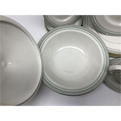 Royal Doulton Berkshire pattern dinner service for six, comprising dinner plates, side plates, dessert plates, bowls, twin handled soup bowls, sauce boat and saucer and covered dish (33)