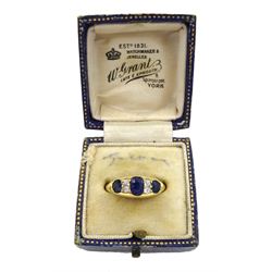 Victorian 18ct gold three stone oval sapphire ring, the central sapphire with two old cut diamonds set either side, Birmingham 1898, total sapphire weight approx 1.00 carat