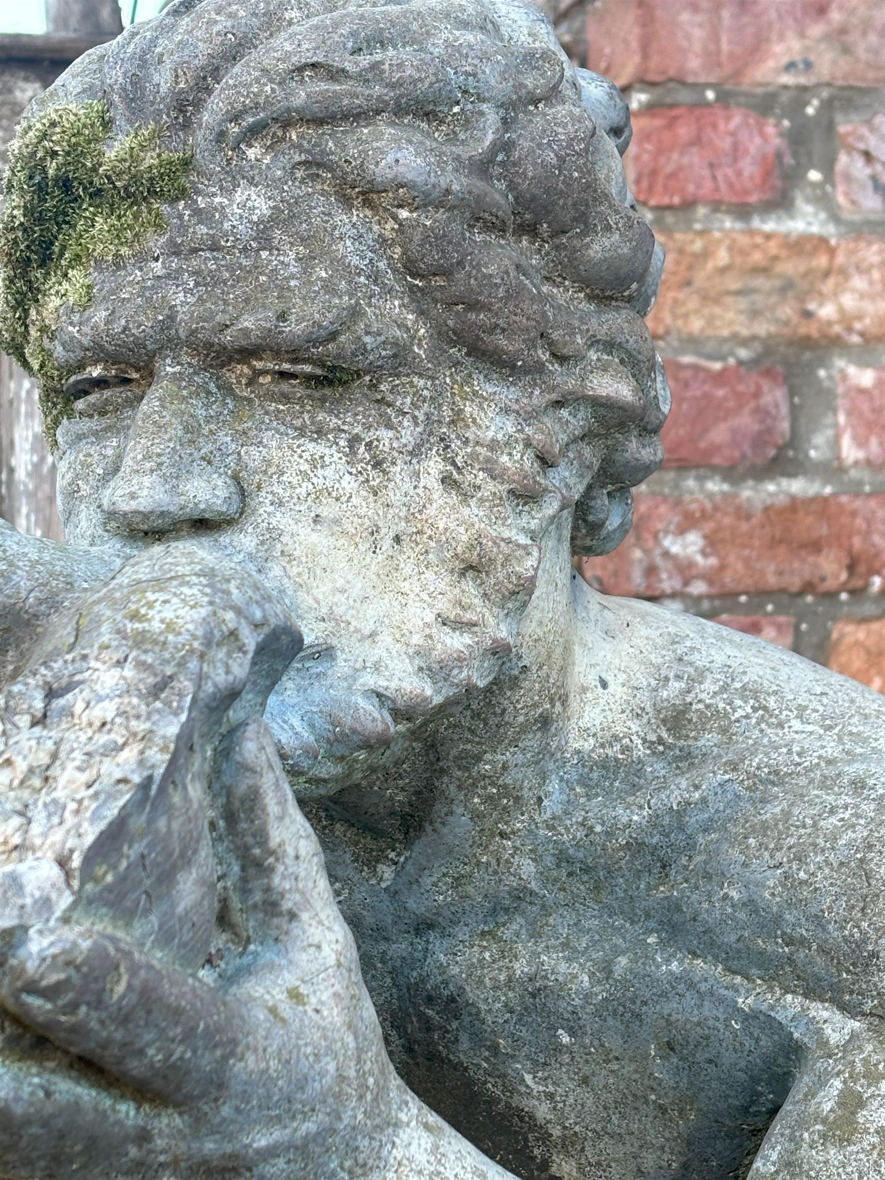 Reconstituted stone garden statue water fountain modelled as Triton, mid 20th century, in characteristic pose. H85cm - COLLECTION BY APPOINTMENT FROM: The White House, Thirsk Road, Easingwold, York, YO61 3NF - CALL 01723 507111 TO ARRANGE