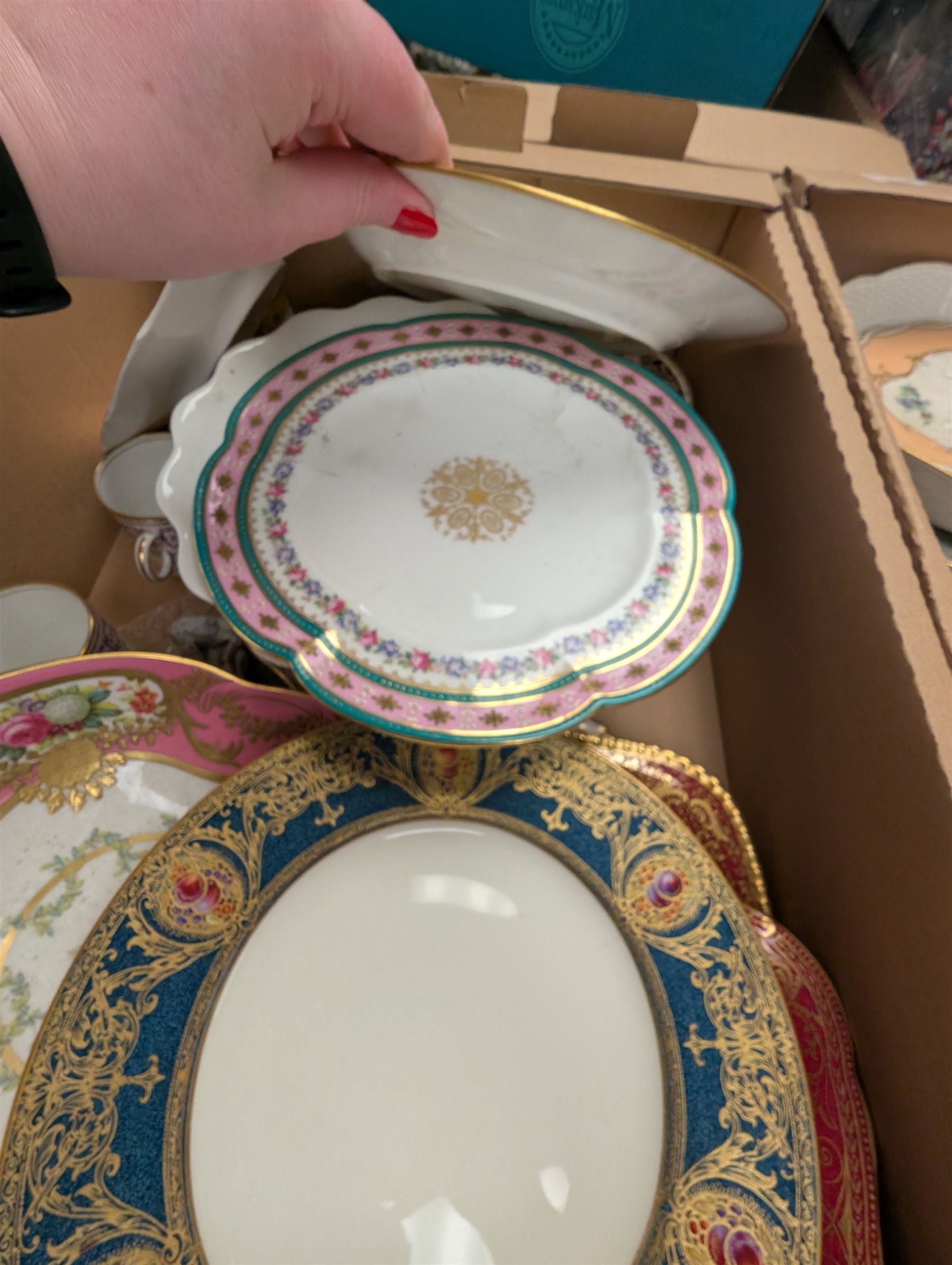 19th century and later ceramics, including cabinet plates, together with Continental vases, Copeland cups and other ceramics, in three boxes