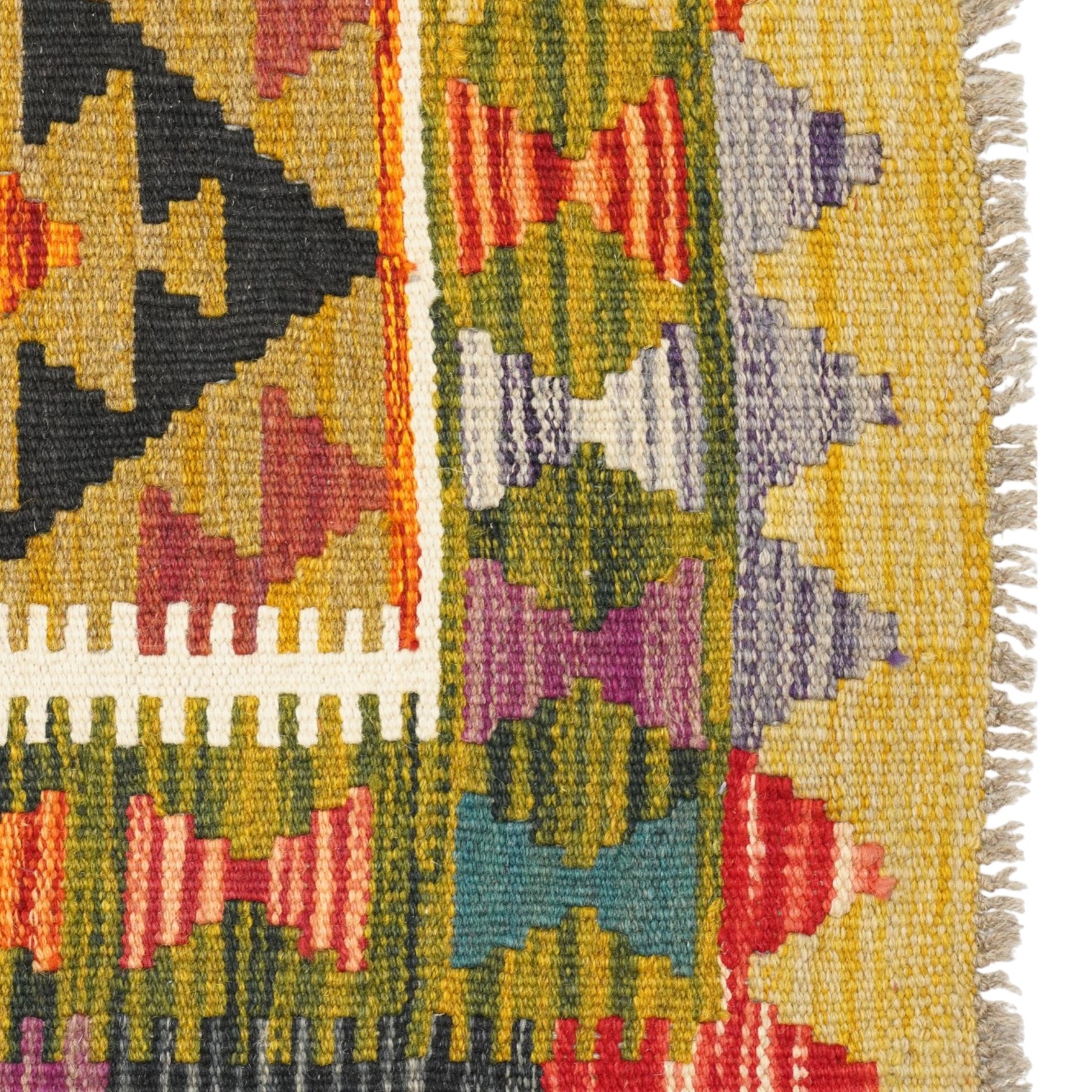Afghan Maimana flatweave kilim runner, central field features large bold nested diamond motifs and stylized geometric lozenge patterns on olive purple, blue, and green tone ground, border stripe in mustard ground, and fringe
