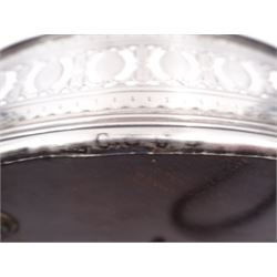 Late 18th century silver cruet stand, of oval form, with pierced sides upon four bun feet, hallmarked to handle Hester Bateman, all other hallmarks indistinct, together with five matched silver mounted cut glass cruet bottles, including some later Victorian examples, hallmarks predominantly indistinct, stand H20cm