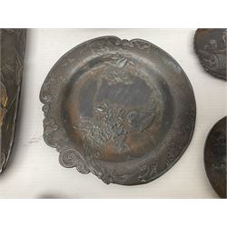 Brass sunfish ashtray, Chinese silver plated trinket box with mirror, bronzed matchbox cover and a collection of other Oriental bronzed embossed metal trays