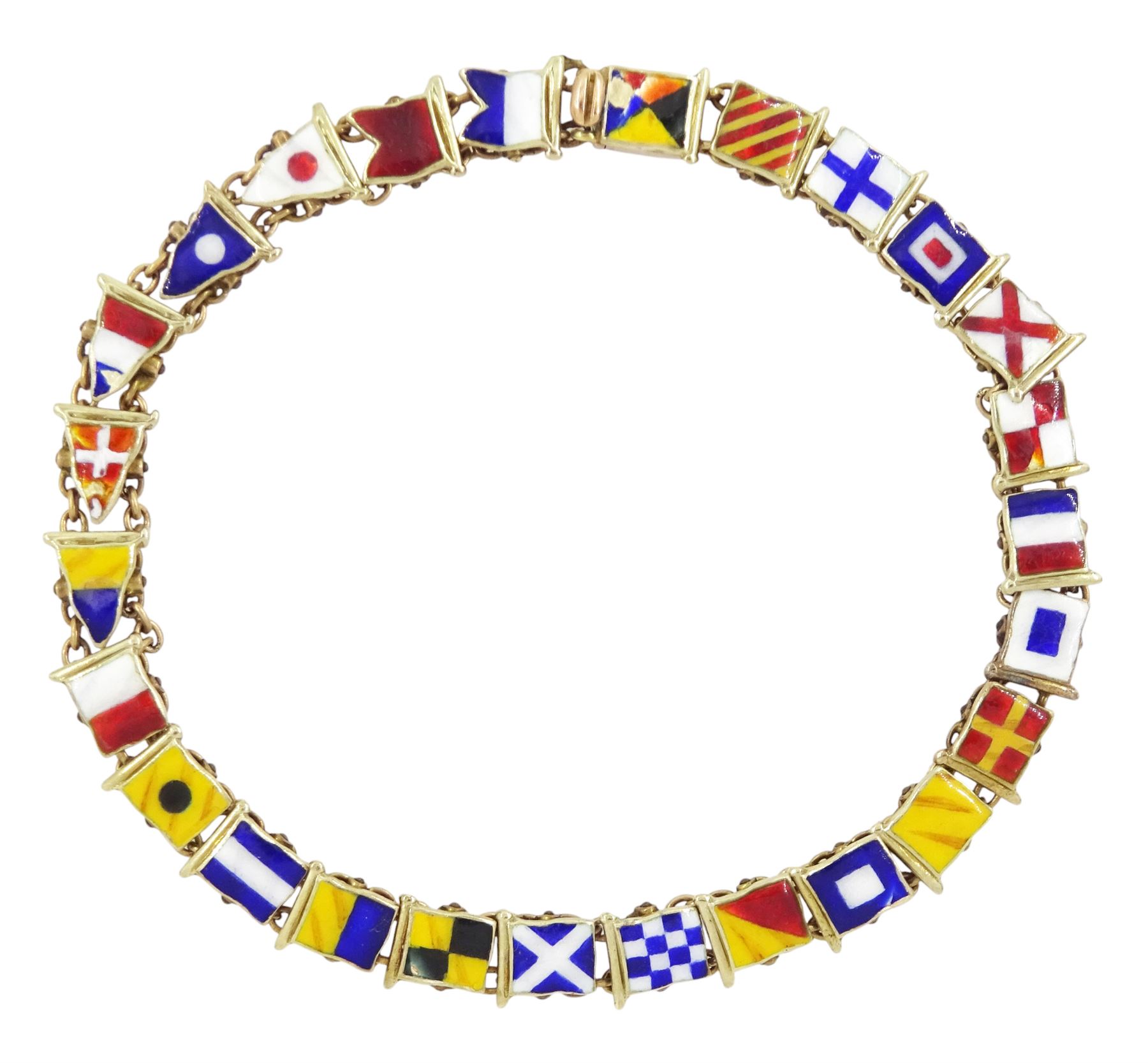 Early 20th century rose gold enamel flag bracelet, with engraved alphabet to underside of bracelet, stamped 9ct