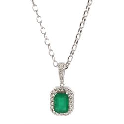 18ct white gold emerald and diamond pendant, stamped 750, total diamond weight 0.26 carat, on 9ct white gold cable link chain necklace, 