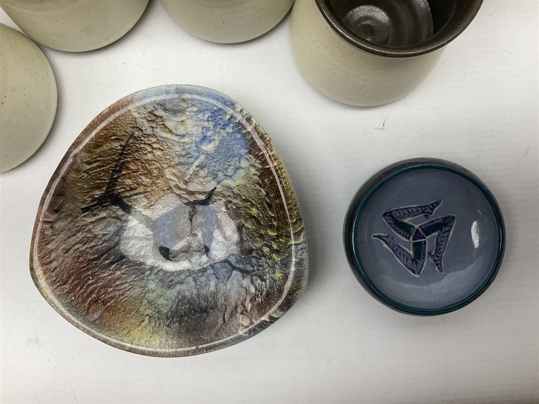 Collection of studio pottery, to include salt glaze vase with trailed decoration, impressed JH mark, possibly Joanna Still (nee Harrisson), set of six cups and vase by Diana Eden with impressed DE marks beneath, etc