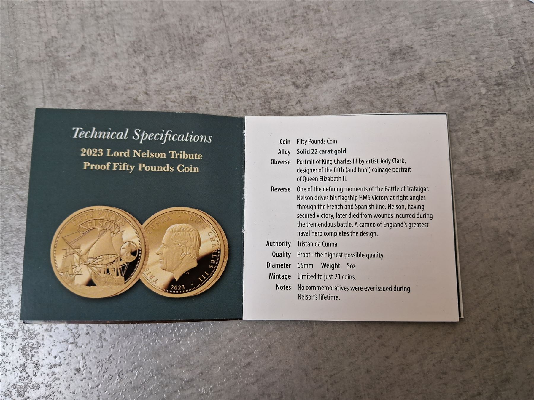 King Charles III Tristan da Cunha 2023 'Lord Nelson Tribute' gold proof fifty pounds coin, cased and boxed with certificate