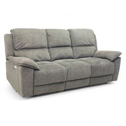 Oak Furnitureland - charcoal fabric electric recliner suite, comprising three-seat sofa and two matching armchairs, each with power reclining mechanism and integrated USB-A charging socket, upholstered in soft charcoal grey fabric with pillow arms and split back cushions

Armchairs W 100, D 82, H 104cm
Sofa W 230cm, D 82cm, H 104cm