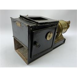 Tinplate and brass-mounted Magic Lantern, with small plaque reading 'Primus folding lantern patent 18579' and various slides