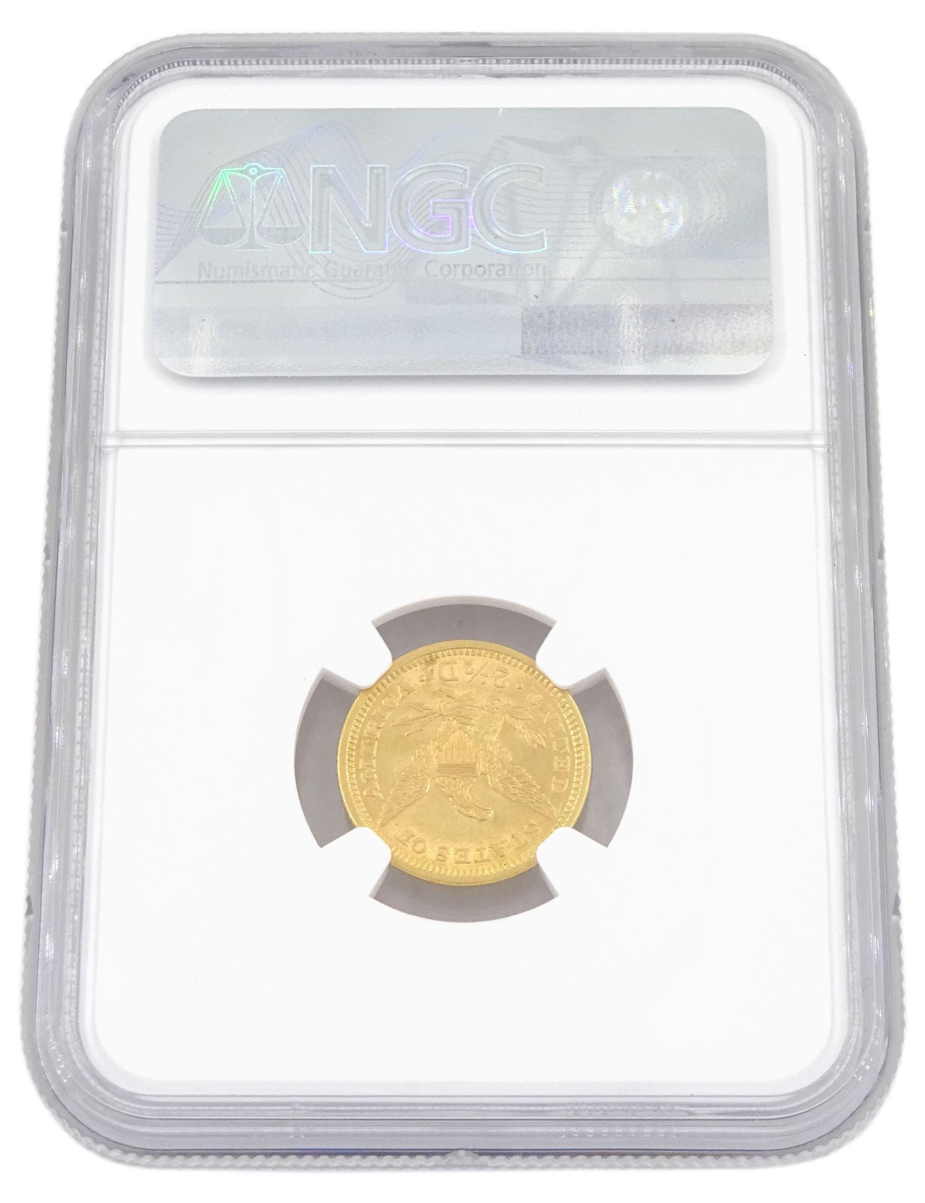 United States of America 1861 Liberty head type 2 gold two and a half dollar coin, encapsulated and graded AU58 by NGC
