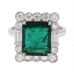 18ct white gold emerald cut emerald, round and baguette cut diamond cluster ring, stamped 750, emerald 3.58 carat, total diamond weight 1.03 carat, with World Gemological Institute Report