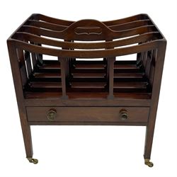 Georgian design mahogany Canterbury, four divisions with dished upper rails, the central rail pierced with handle, fitted with single drawer, on square supports with brass cups and castors 