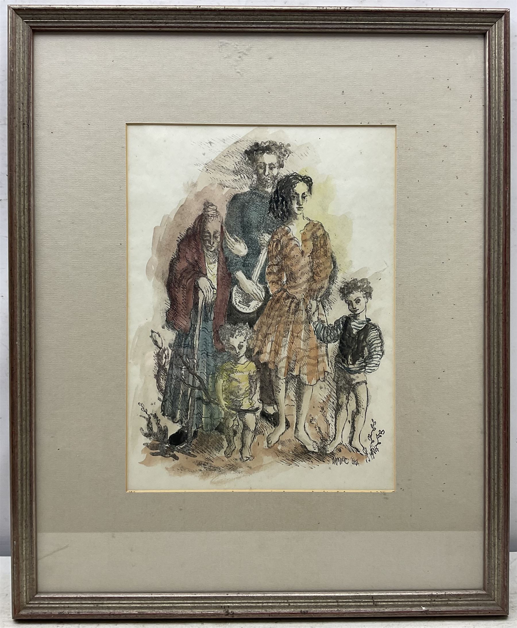Ursula Vivian McCannell (British 1923-2015): 'Gypsy Family', hand-coloured lithograph signed with initials and dated ‘64 in pencil, titled on gallery label verso 34cm x 25cm 
Provenance: exh. England & Co, ‘Three Generations’, London 1989, label verso