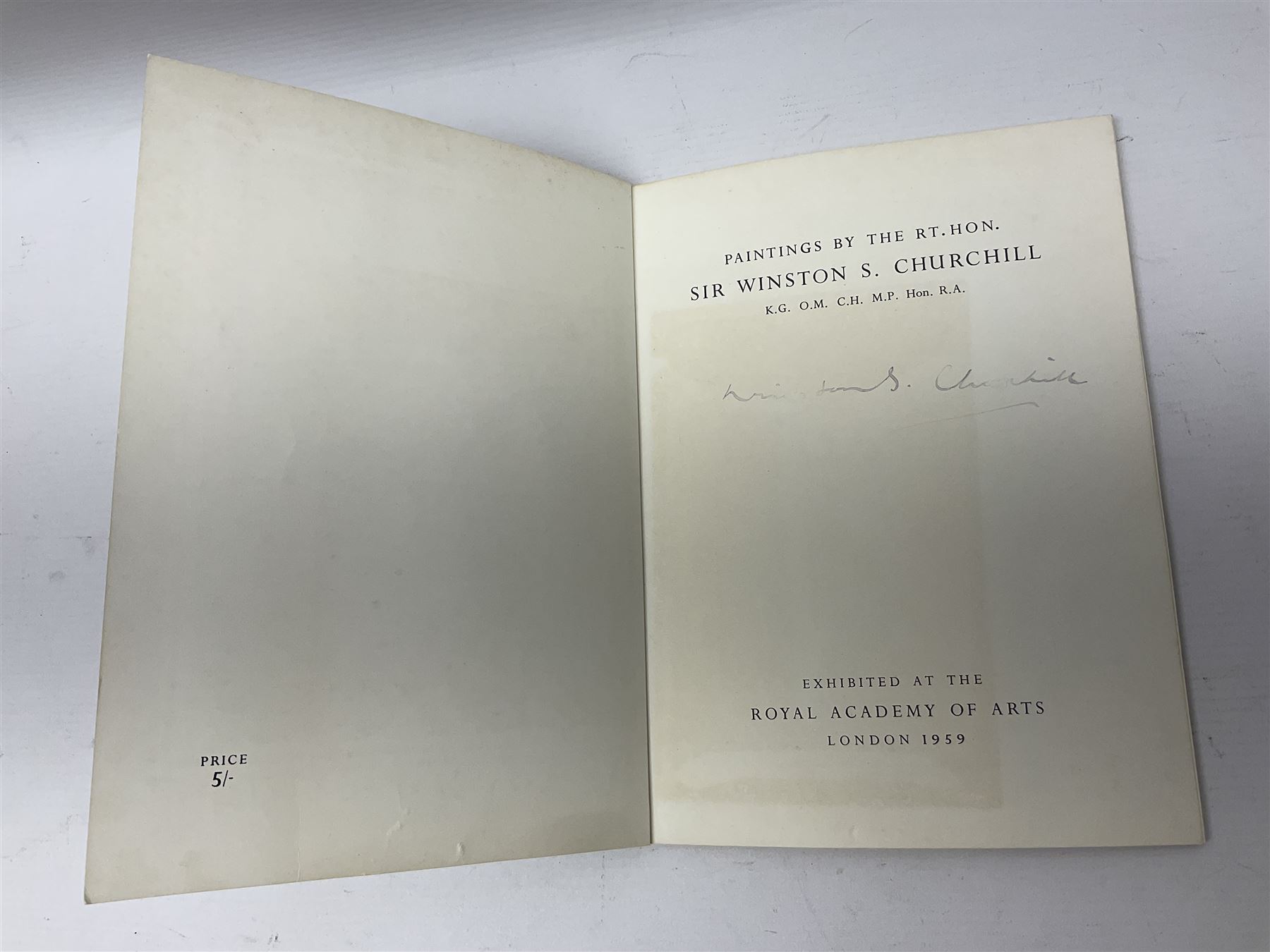 Exhibition catalogue for 'Winston Churchill - Honorary Academician Extraordinary' paintings by the Rt Hon Sir Winston Churchill, exhibited at the Royal Academy of Arts 1959, with Winston S Churchill signature in ink to the title page