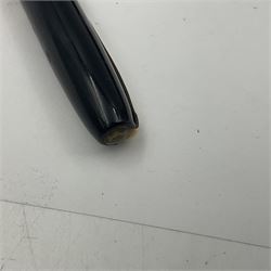 Three Swan Mabie Todd fountain pens, comprising Self Filler 3162 with black barrel and cap with single band and gold nib stamped Eternal 1 14ct, together with two Calligraph examples with gold nibs stamped 14ct, one with box, largest L12.5cm