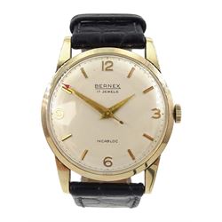 Bernex 9ct gold gentleman's manual wind wristwatch, Birmingham 1958, on leather strap