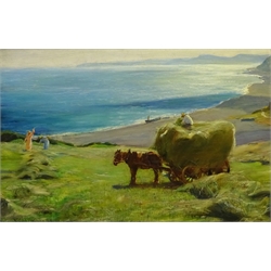 Arthur A Friedenson (Staithes Group 1872-1955): Haymaking above Runswick Bay, oil on canvas signed and dated '94, 30cm x 46cm

