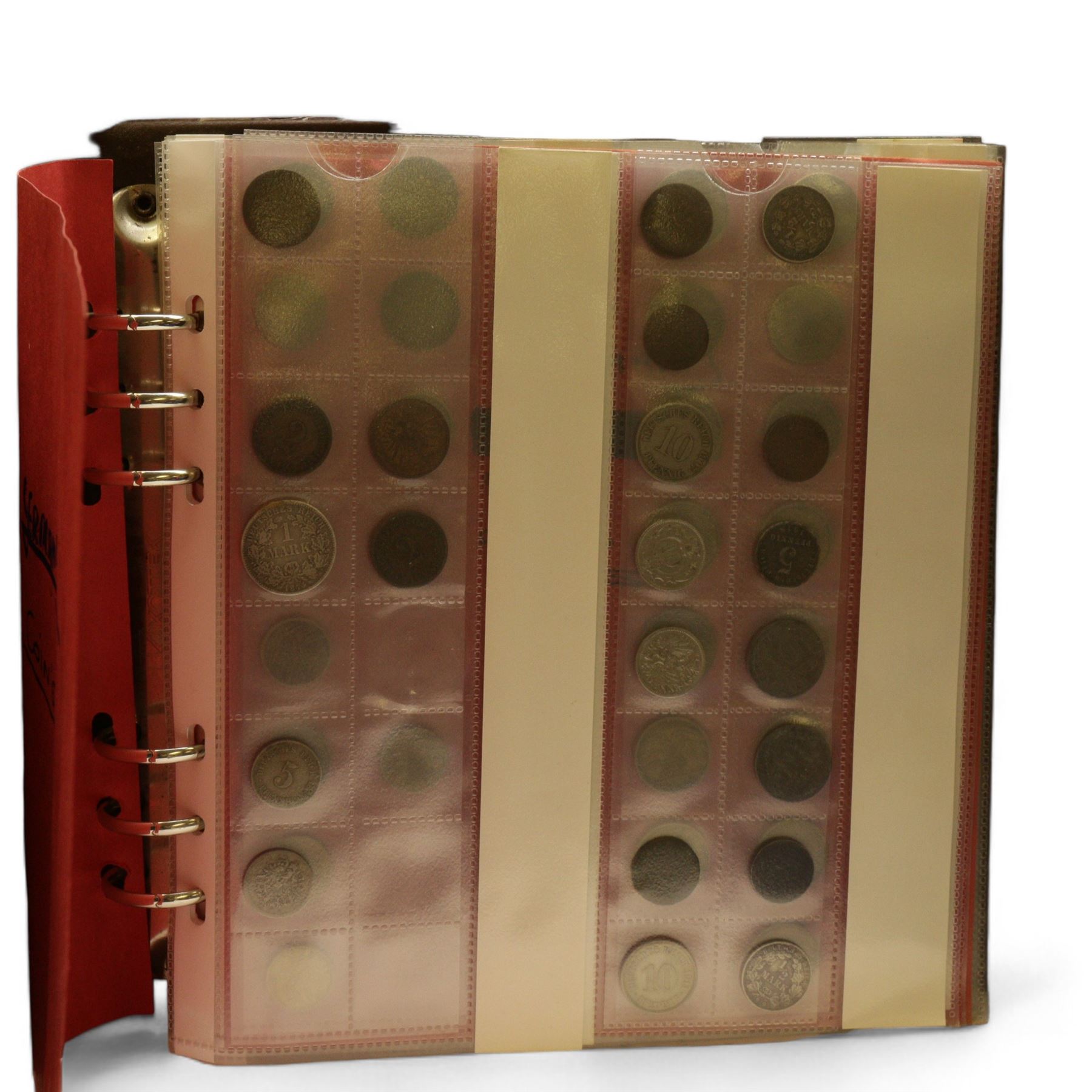 Great British and World coins, including pre-decimal halfcrowns, two shillings etc, decimal old style large five pence pieces, German pre-Euro coinage with 1972 and 1987 ten deutsche mark coins etc, housed in ten ring binger folders and a metal hinged top box