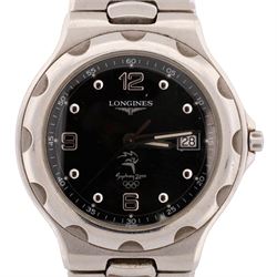 Longines Conquest Sydney 2000 Olympic Games gentleman's stainless steel quartz wristwatch, Ref. L1.633.4.96.6, black dial with Arabic and dot hour markers and date aperture, on stainless steel bracelet, with fold-over clasp, boxed with guarantee card dated 2002