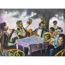 Sue Atkinson (Northern British 1949-2021): 'Bellagio Musicians - Lake Como, oil on canvas signed with initials, titled on label verso 30cm x 40cm