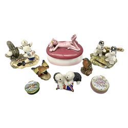 Three Sylvia Smith models of Old English Sheepdogs, Royal Orleans Pink Panther lidded box, two Crummels boxes and two Royal Worcester bird figures