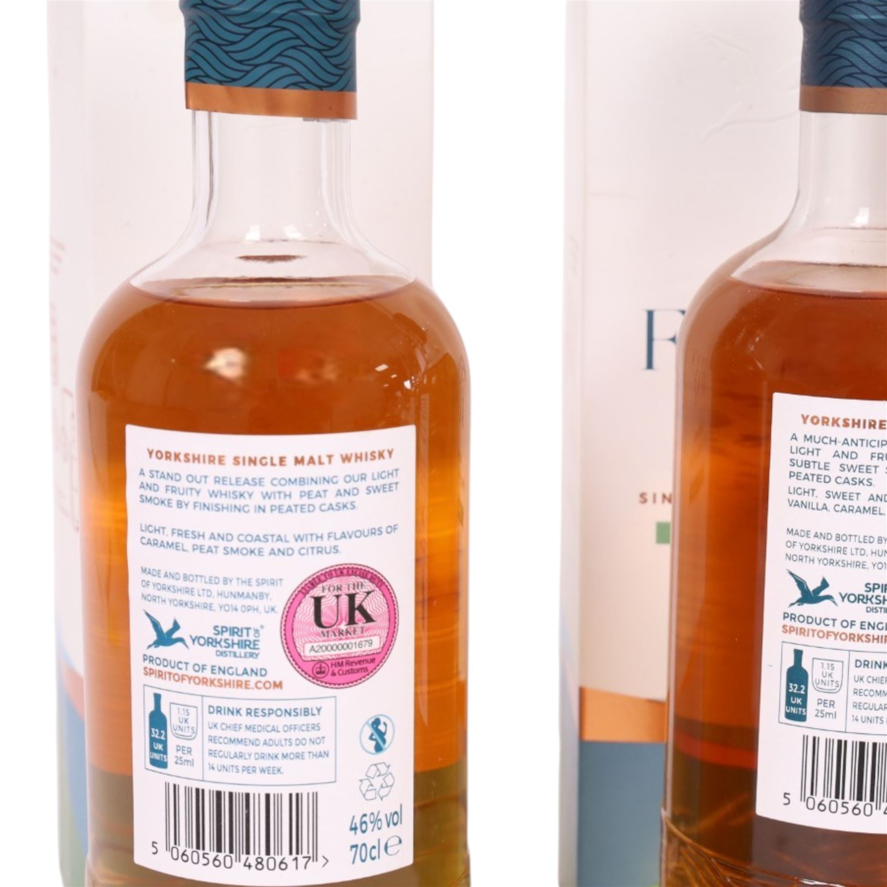 Sprit of Yorkshire Distillery, Filey Bay Peated Finish, single malt whisky, 70cl 46% vol, three bottles batch one, two and three
