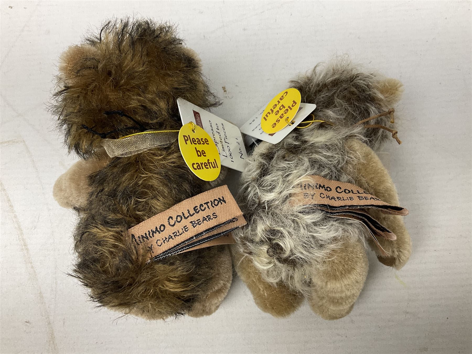 Charlie Bears - limited edition Minimo Collection 'Cappuccino' No.184/1000 and 'Espresso' No.21/1000; each with labels and complete with purpose made ceramic cups and saucers; Bearhouse emu; and Alpaca Collection teddy bear No.5800S (4)